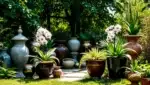 Vasos decorativos variados em um jardim com plantas exuberantes.