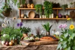 Área gourmet decorada com uma variedade de plantas e flores.