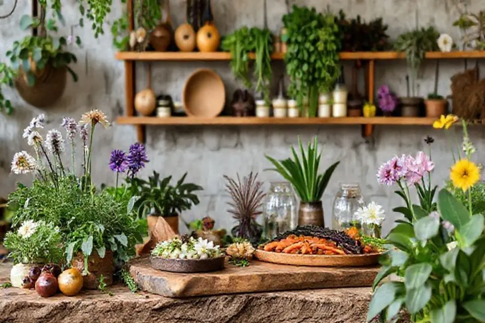 Área gourmet decorada com uma variedade de plantas e flores.