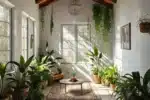 Um banheiro com plantas e iluminação natural, transmitindo calma e serenidade.