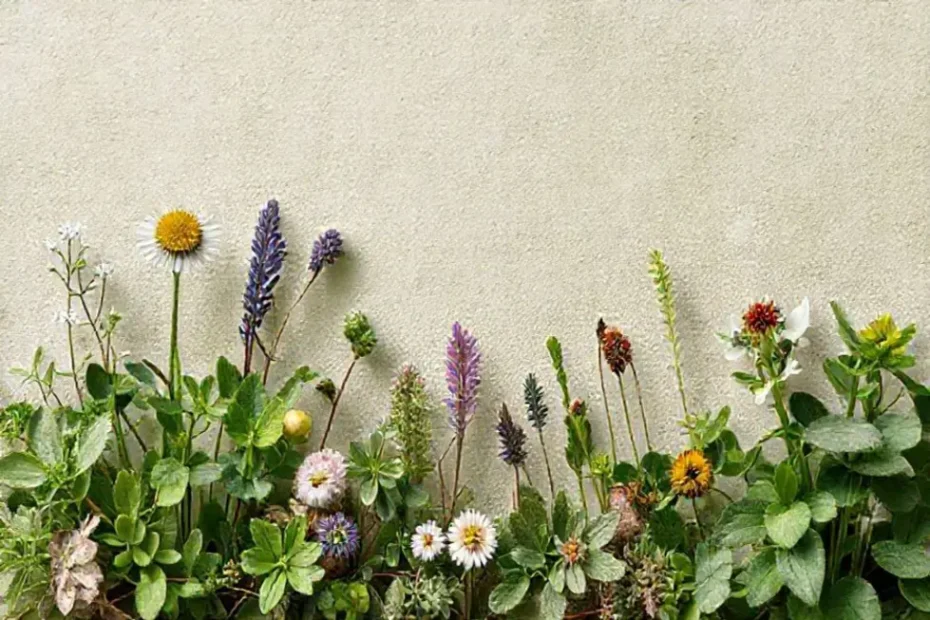 Composição de plantas com lírios da paz e elementos naturais.