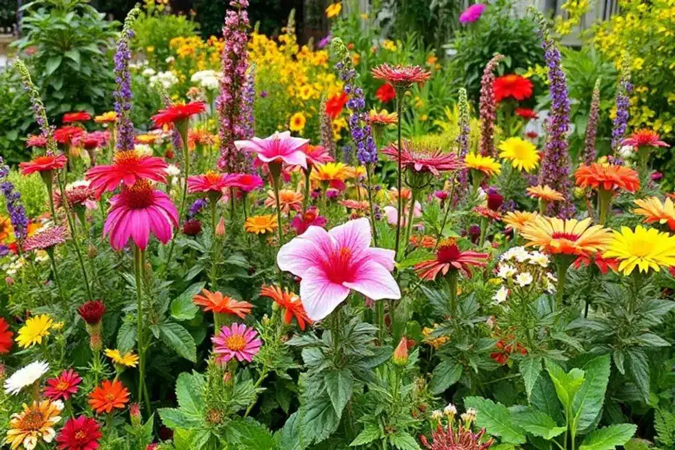 Um jardim colorido com várias árvores floridas
