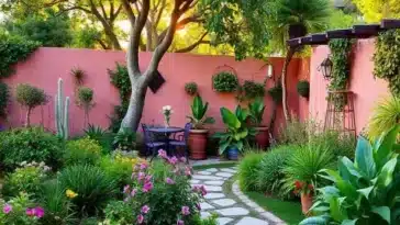 Jardim ao pôr do sol com plantas sorrindo