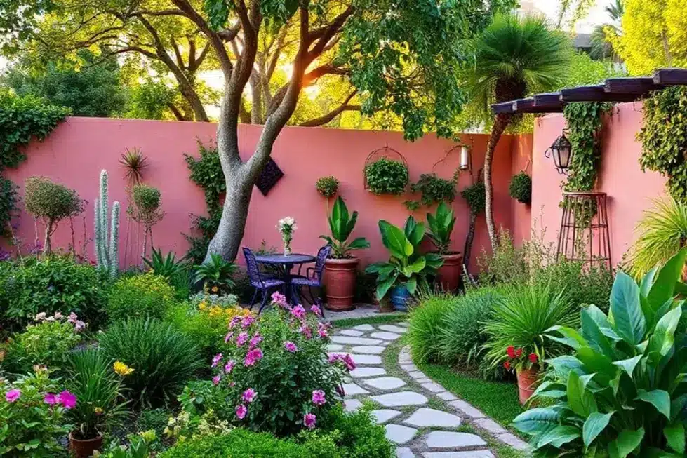 Jardim ao pôr do sol com plantas sorrindo