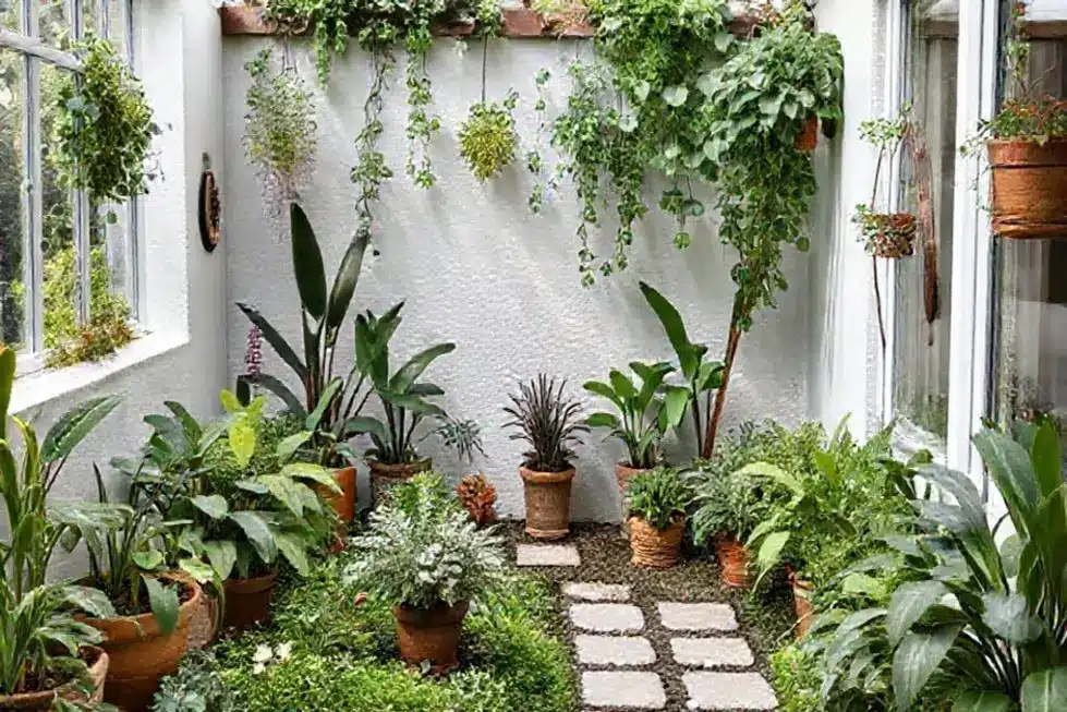 Ambiente interno decorado com plantas verdes e saudáveis