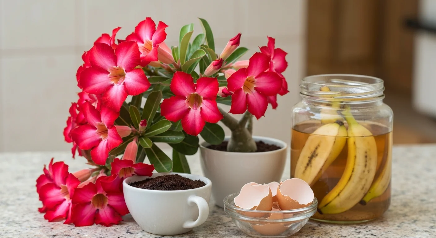 Imagem de uma rosa do deserto em flor ao lado de ingredientes caseiros, como borra de café, cascas de ovo e bagaço de banana