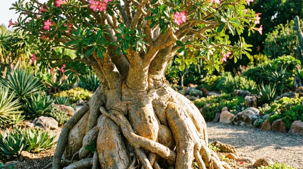 Rosa do Deserto com caudex gigante e tronco saudável sob sol intenso, raízes e folhas vibrantes em jardim bem cuidado