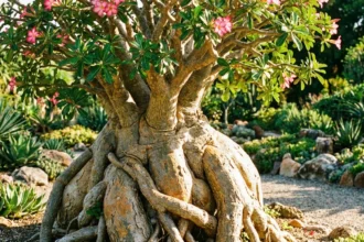 Rosa do Deserto com caudex gigante e tronco saudável sob sol intenso, raízes e folhas vibrantes em jardim bem cuidado