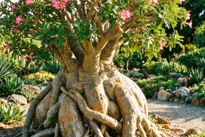 Rosa do Deserto com caudex gigante e tronco saudável sob sol intenso, raízes e folhas vibrantes em jardim bem cuidado