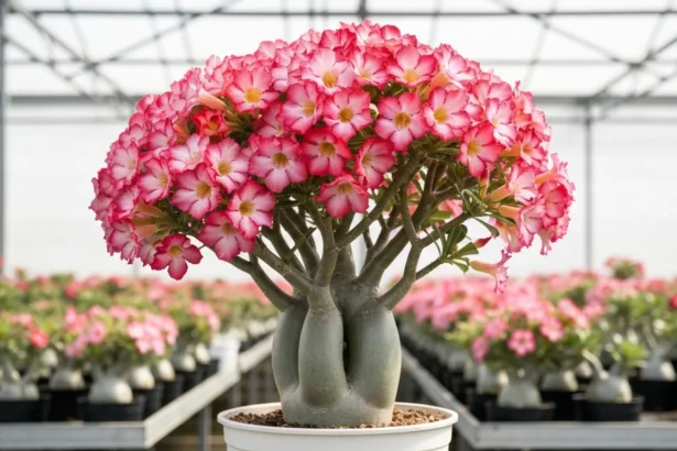 Rosa do Deserto (Adenium obesum) florindo abundante, destaque em viveiro profissional com iluminação natural