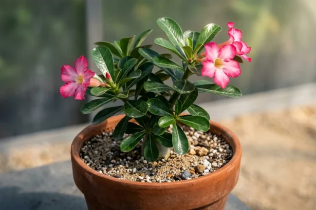 Rosa do deserto em vaso sob iluminação dramática, mostrando frescor e vitalidade, mistério resolvido que minha planta cresce com cuidados ideais
