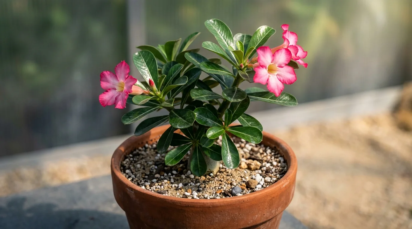 Rosa do deserto em vaso sob iluminação dramática, mostrando frescor e vitalidade, mistério resolvido que minha planta cresce com cuidados ideais