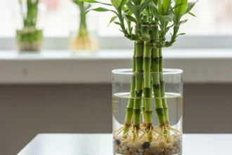 Fotografia de Bambu da Sorte saudável em vaso com água clara e raízes aparentes, contrastando cuidados corretos e erros silenciosos na troca de água