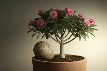 Rosa do Deserto exuberante em vaso, com prego enferrujado na terra, sob luz suave, transmitindo mistério e cuidado peculiar