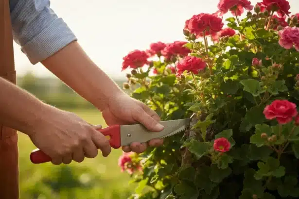 Mão de jardineiro com luvas de couro corta galho de planta exuberante usando poda radical plantas segredo