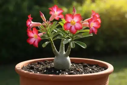 Adenium vibrante com flores rosa e vermelhas, carvão vaso adenium visível no vaso de terracota rústico ao sol