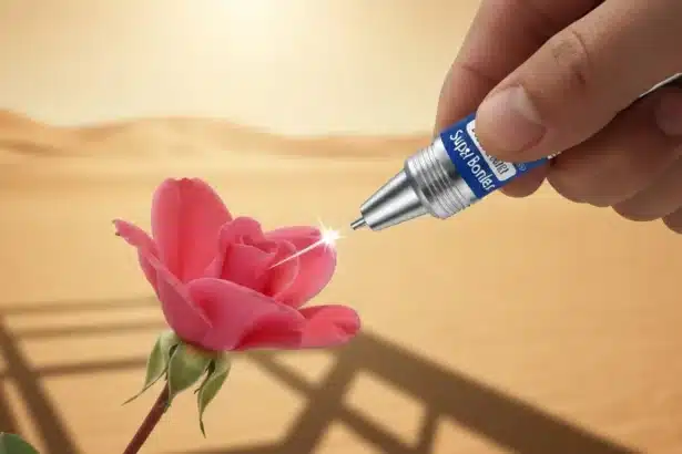 Close-up de rosa do deserto com Super Bonder rosa deserto sendo aplicada na pétala