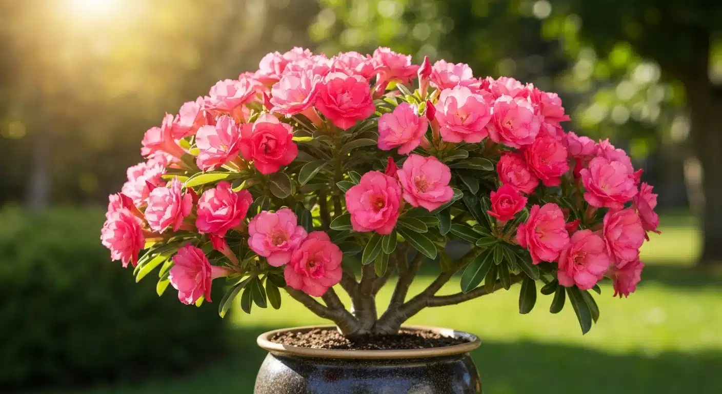 Rosa do Deserto exuberante com flores vibrantes, brilho de orvalho, em vaso rústico, fundo de jardim ensolarado, destacando segredo revelado adubo caseiro.