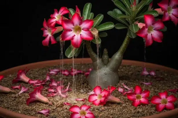 Adenium exuberante com flores rosa e vermelhas, caindo ao solo seco, mostrando perda de flores com iluminação dramática.