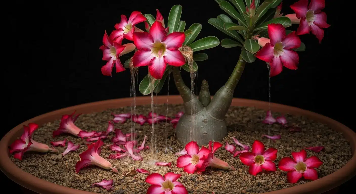 Adenium exuberante com flores rosa e vermelhas, caindo ao solo seco, mostrando perda de flores com iluminação dramática.